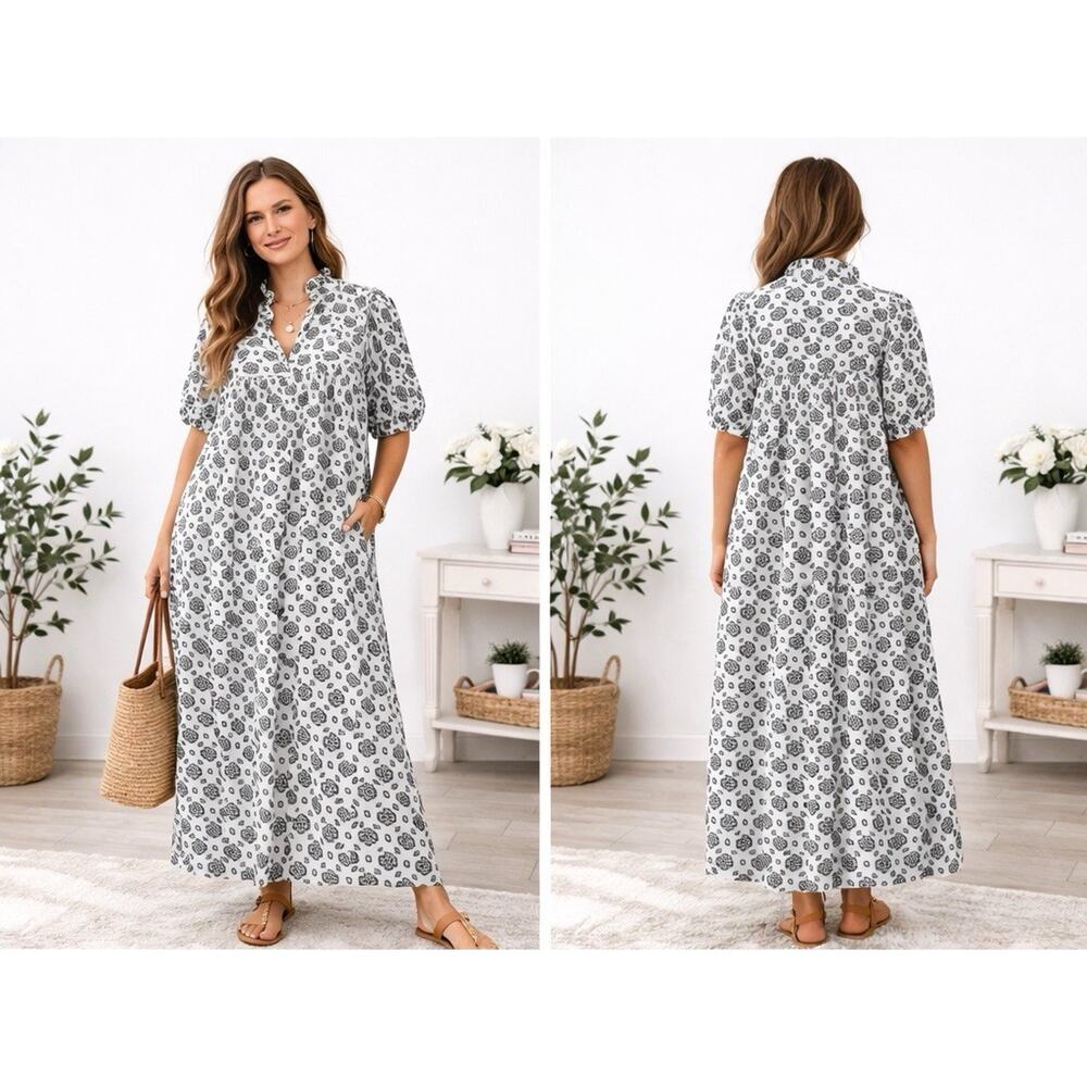Never a Wallflower Midi Dress Womens XL High Neck Ruffle Embroidered Black White